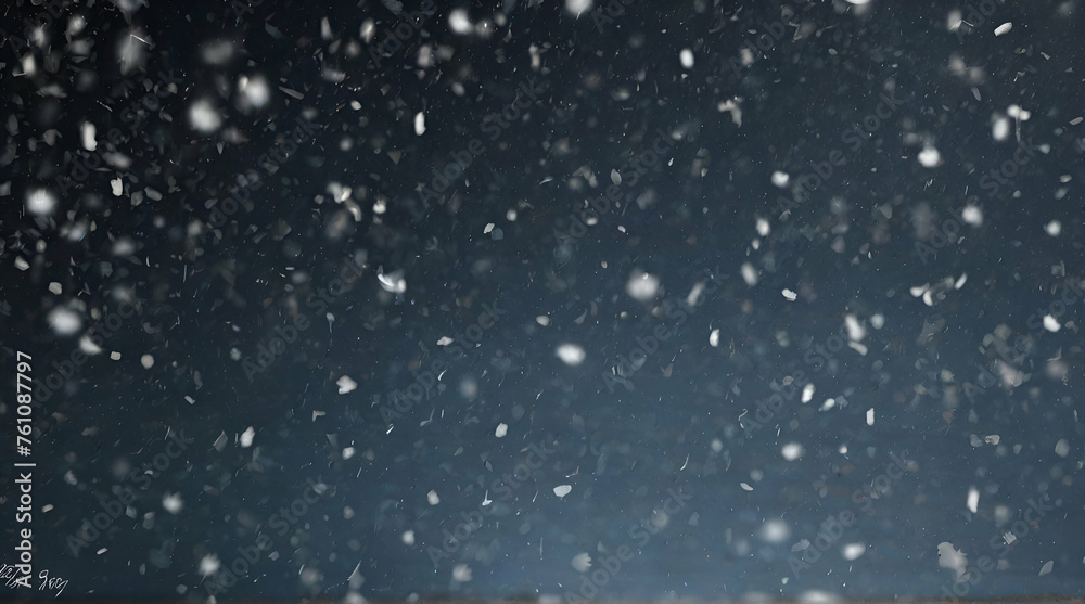 Obraz premium Animated realistic detailed very small snow flakes slowly falling densely against black background. Shallow depth of field. Mask included. generative.ai