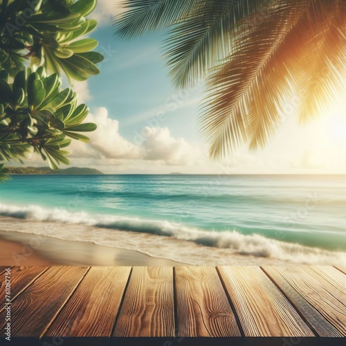 Top of wood table with seascape and palm leaves  blur bokeh light of calm sea and sky at tropical beach background. Empty ready for your product display montage. summer vacation background concept.