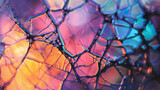 An extreme closeup of an electrochromic coating on a glass surface that has exposed to an electric current showcasing the complex web of patterns and colors within the