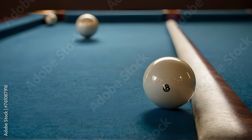 Billiard balls, cue and chalk in a blue pool table. generative.ai