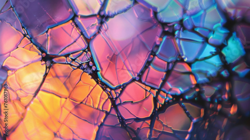An extreme closeup of an electrochromic coating on a glass surface that has exposed to an electric current showcasing the complex web of patterns and colors within the