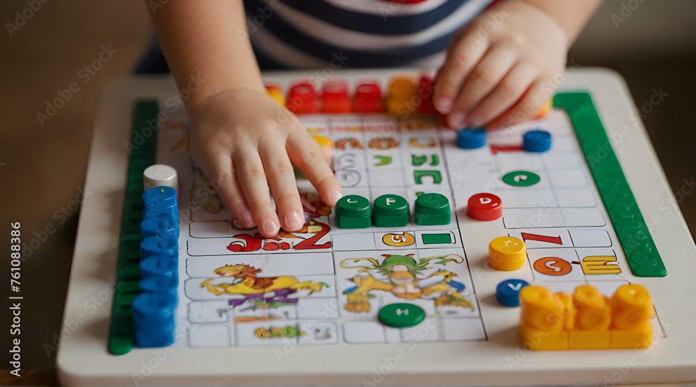 Childish hands holding alphabet wooden board with colored font letters in cells closeup isolated. generative.ai Childish hands holding alphabet wooden board with colored font letters in cells closeup isolated. generative.ai