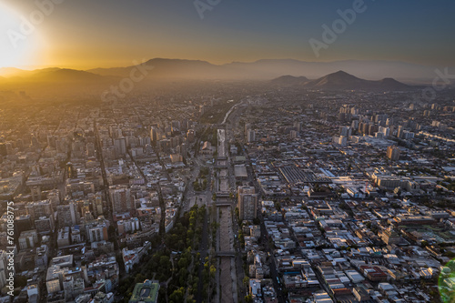 Beautiful aerial view of the Plaza de Armas, Metropolitan Cathedral of Santiago de Chile, National History Museum of Chile, Mopocho river t and the city of Santiago de Chile
