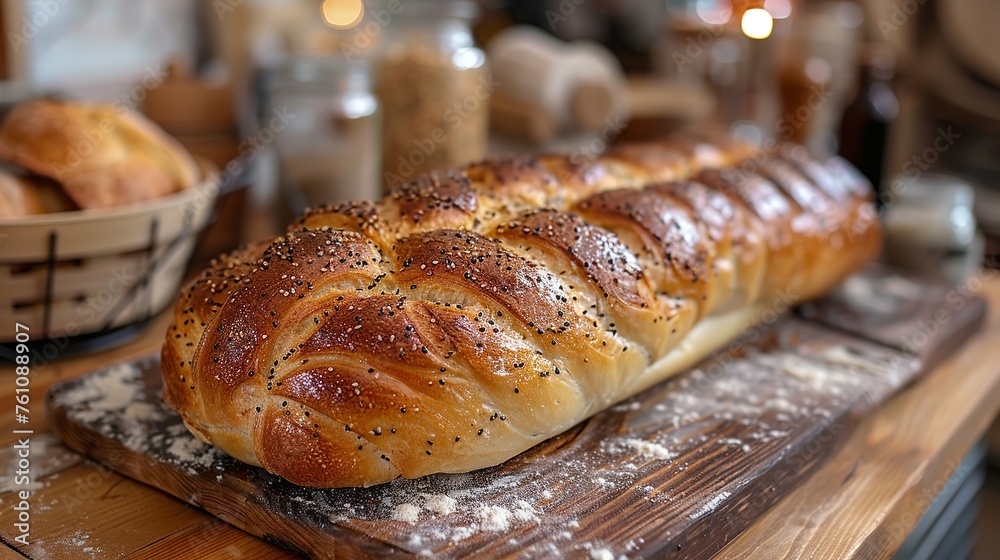 Freshly baked homemade bread on a table Freshly baked homemade bread on a table