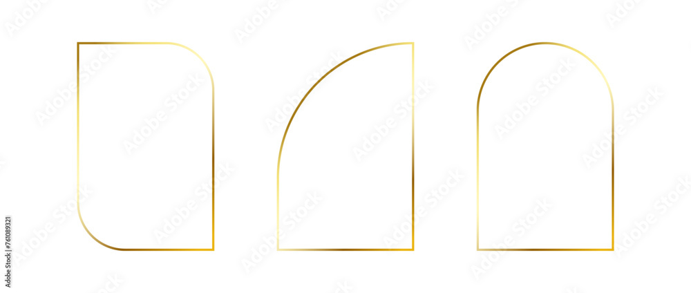 Golden thin frames set. Gold geometric borders in art deco style. Thin linear arch and curved shape collection. Yellow glowing shiny boarder element pack. Vector bundle for photo, cadre, decor, poster Golden thin frames set. Gold geometric borders in art deco style. Thin linear arch and curved shape collection. Yellow glowing shiny boarder element pack. Vector bundle for photo, cadre, decor, poster