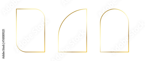 Golden thin frames set. Gold geometric borders in art deco style. Thin linear arch and curved shape collection. Yellow glowing shiny boarder element pack. Vector bundle for photo, cadre, decor, poster