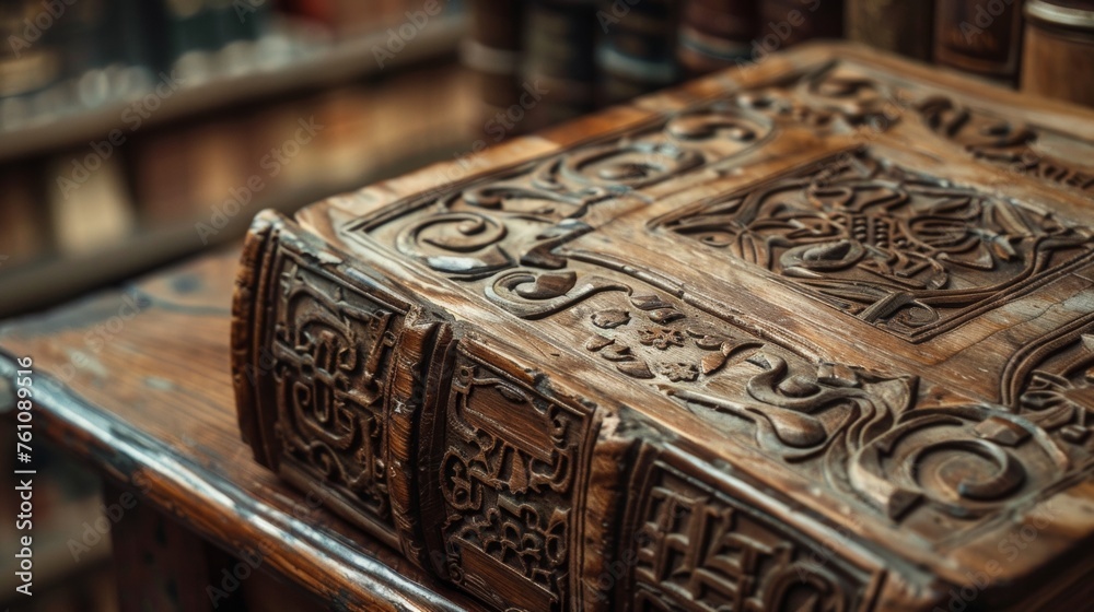 A zoomedin shot of a wooden sculpture of a book with intricate carvings of various symbols and motifs representing the wealth of knowledge and ideas contained within literature