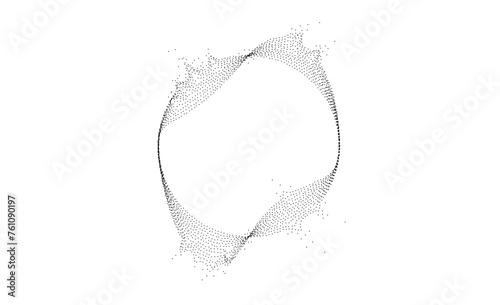 Black dotted wavy lines with dissolve effect. Stipple disintegrating curved circle. Halftone textured sphere with noise grain. Round grunge particles or speckles. Dispersing dot work. Vector
