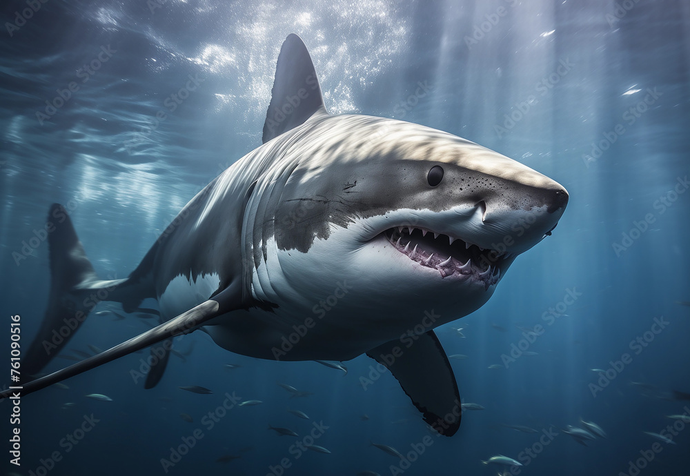 Naklejka premium Huge white shark in blue ocean swims under water