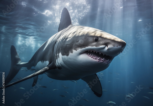 Huge white shark in blue ocean swims under water