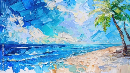 Using a palette knife, this vibrant oil painting showcases a tropical beach and palm tree