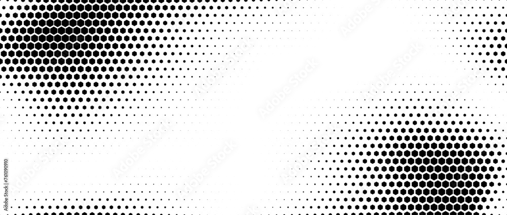 Hexagon halftone gradient texture. Abstract black grunge background. Geometric retro halftone tech overlay. Fading wavy hexagonal pattern backdrop. Vector vanishing honeycomb grunge bitmap wallpaper