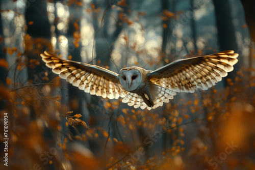 Barn Owl flying in forest wildlife scene