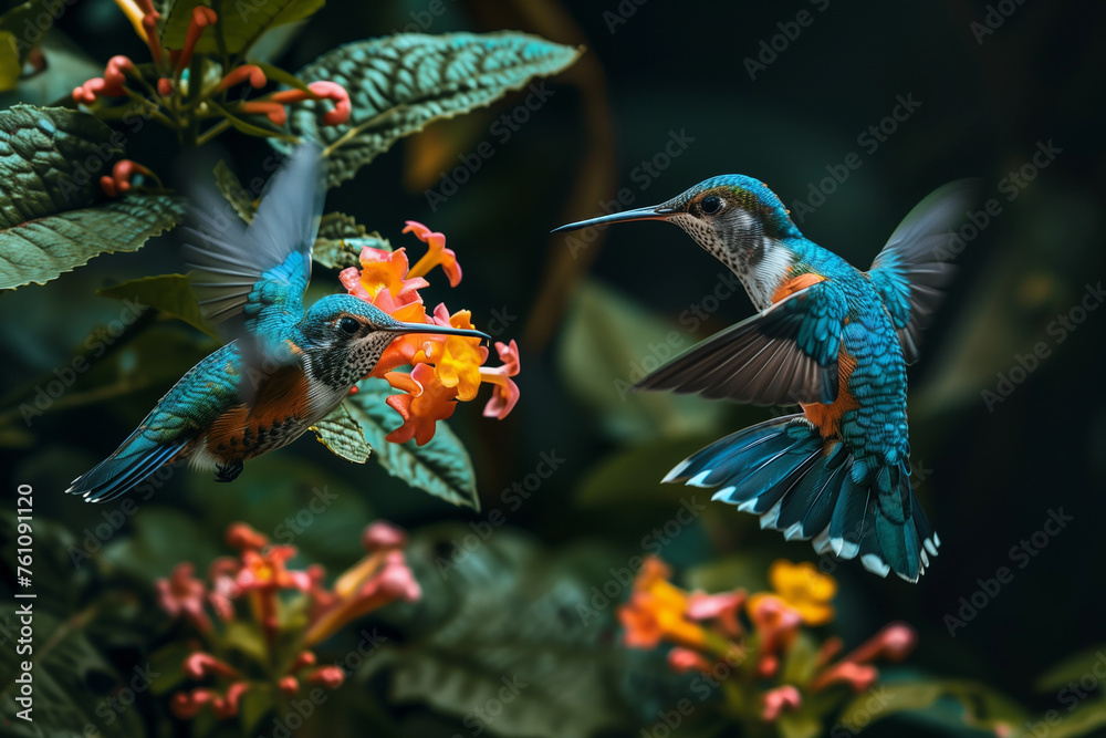 Naklejka premium hummingbird sucking nectar from bloom in the forest