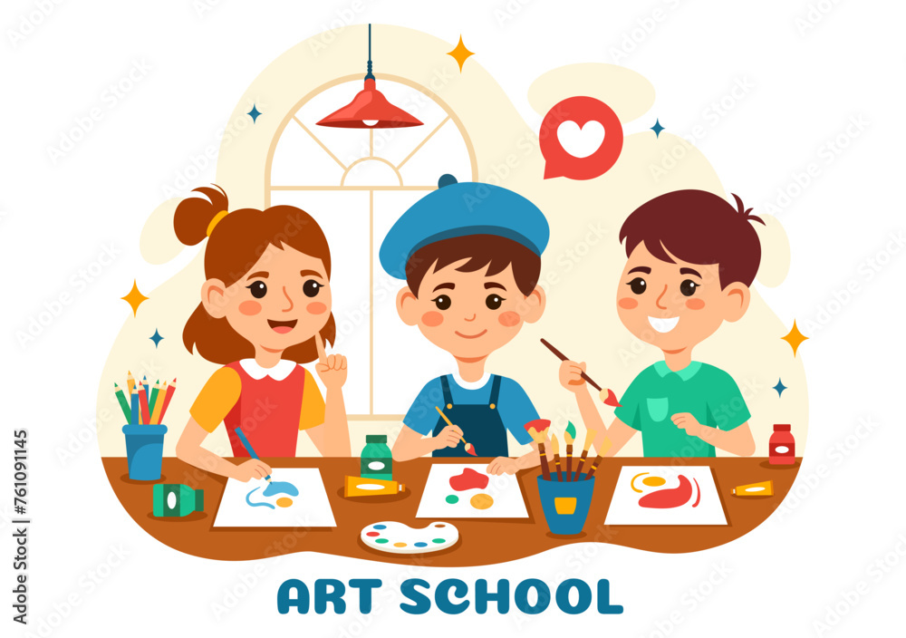 Art School Vector Illustration with Kids of Painting with Live Model or Object using Tools and Equipment in Flat Cartoon Background Design Art School Vector Illustration with Kids of Painting with Live Model or Object using Tools and Equipment in Flat Cartoon Background Design