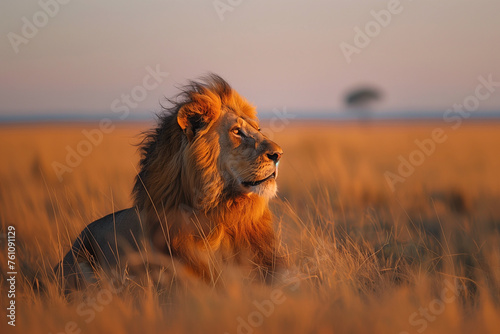 male lion sitting at savanna safari grassland
