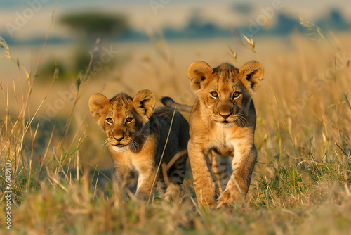 two lion cubs walking together