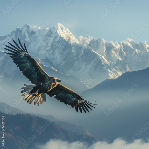 Himalayan griffon vulture flying with snow mountain background