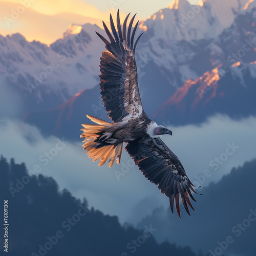 Himalayan griffon vulture flying with snow mountain background photo