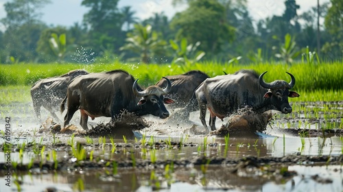 Traditional rice cultivation techniques with water buffalo plowing the field.
