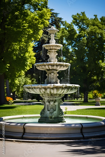 Regal Public Park Fountain with Exquisite Masonry work under Clear Blue Sky