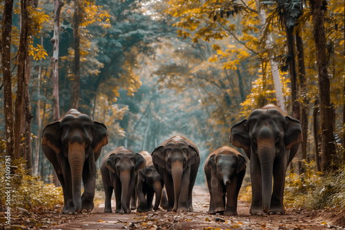 Elephant family walking through the forest