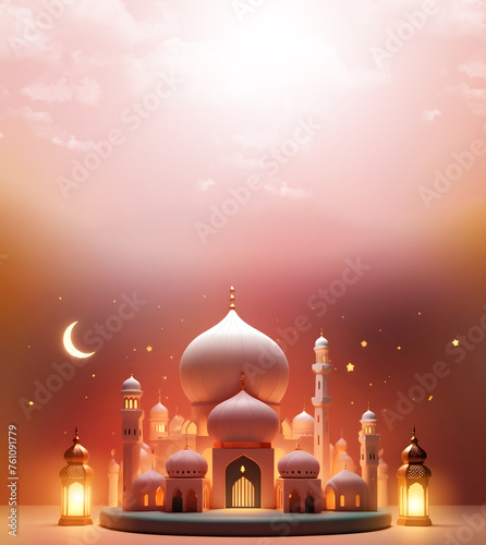 Islamic new year greeting poster with mosque background and cloud sky 3D design . Social media posts .Muslim Holy Month Ramadan Kareem