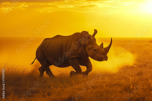 rhinoceros running across the savanna safari