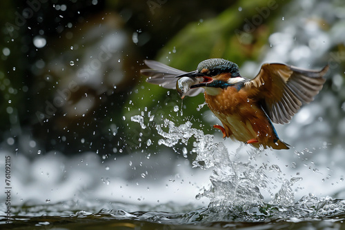 Kingfisher emerging from the water after driving to grab a fish