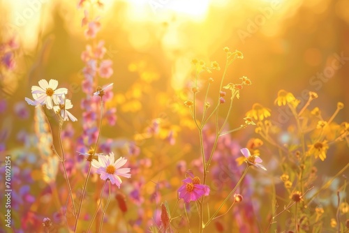 Wander through a sun-drenched field of wildflowers swaying in the breeze with a nature background, where the beauty of nature unfolds in a symphony of colors, Generative AI © ManusiaIkan