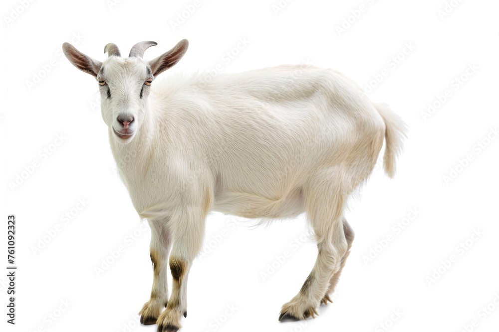 A portrait of a goat in a studio setting, isolated on a white background