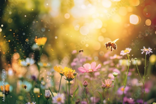 Wander through a peaceful garden blooming with colorful flowers and buzzing bees with a nature background, evoking a sense of serenity and joy, Generative AI photo
