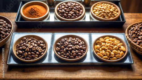 Various styles of Arabica coffee beans On the food preparation table