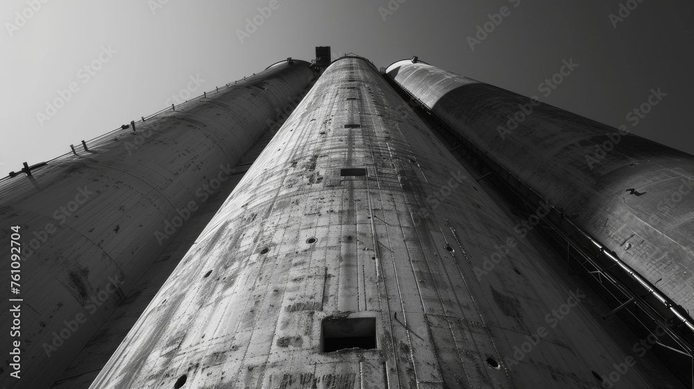 Looking up at the towering grain silo one cant help but feel small and insignificant in comparison yet also in awe of its size and grandeur. - obrazy, fototapety, plakaty 