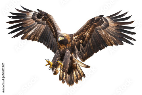 A majestic Golden Eagle in flight against a pure white backdrop