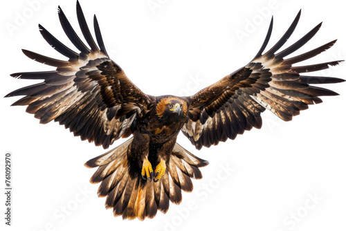A majestic Golden Eagle in flight against a pure white backdrop