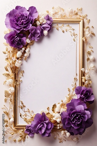 Wedding invitation card mockup with gold frame and purple flowers.