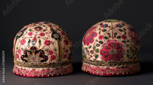A pair of embroidered prayer caps intricately stitched with traditional patterns and symbols commonly worn by men during Eid prayers.