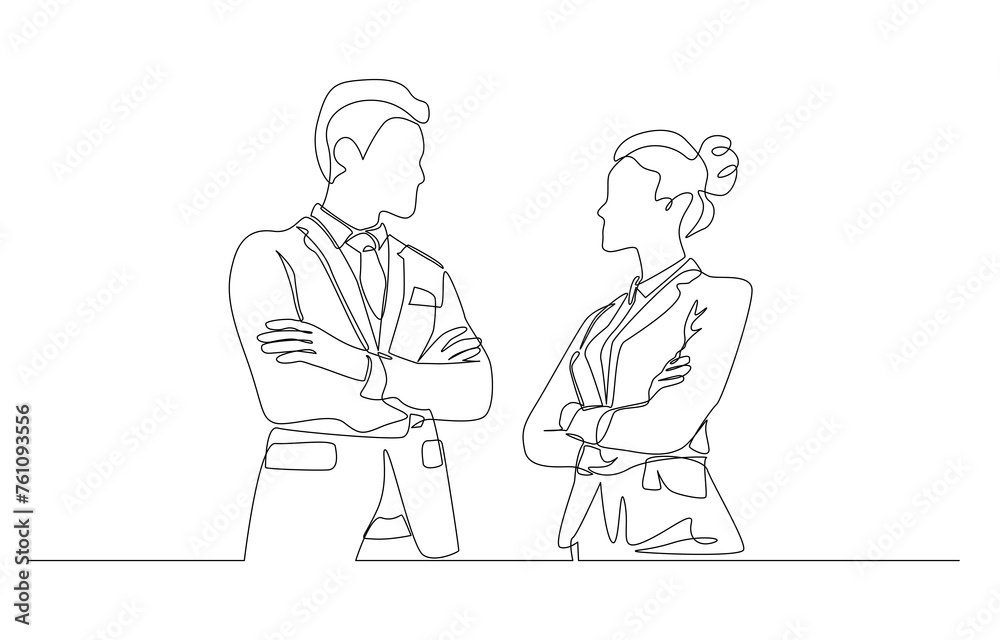 Continuous one line drawing of businessman and businesswoman standing face to face, business competition concept, single line art.