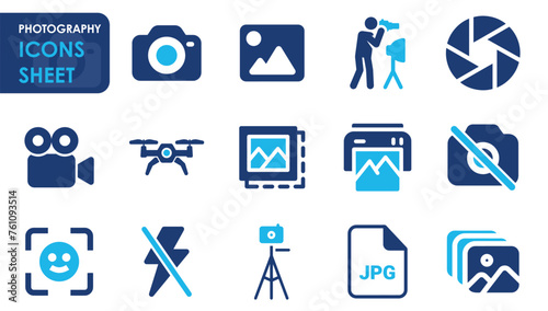 Photography icon set. Containing photo camera, photographer, video camera and so on. Flat vector icons set of photography.