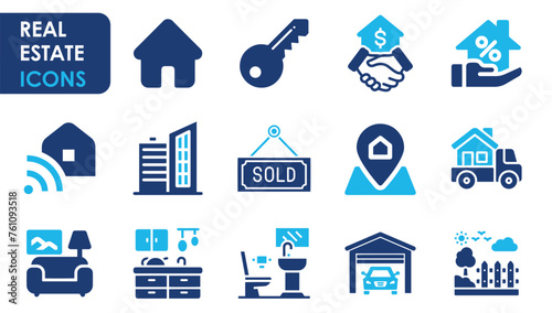 House or Real estate icon set. Containing house, key, buy, sell, loan, smart home and so on. A flat icon set related to real estate.