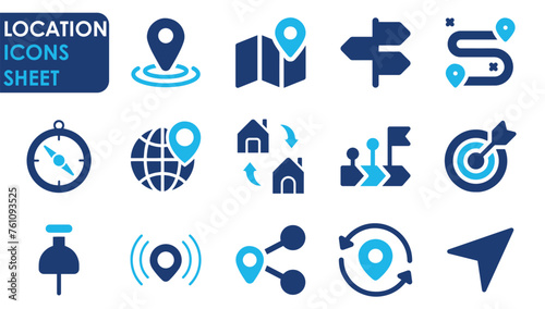 Location icon set. Containing map, map pin, gps, destination and so on. Location and navigation flat icons set.