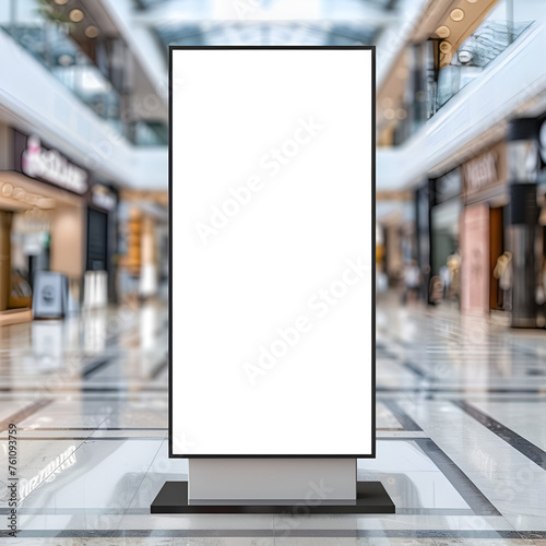 Mockup with blurred background in shopping centre gallery, digital media blank black and white screen modern panel signboard for advertisement design