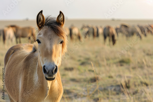 A portrait of a short-legged Przewalski's horse in a natural setting
