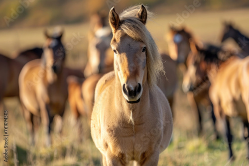 A portrait of a short-legged Przewalski s horse in a natural setting