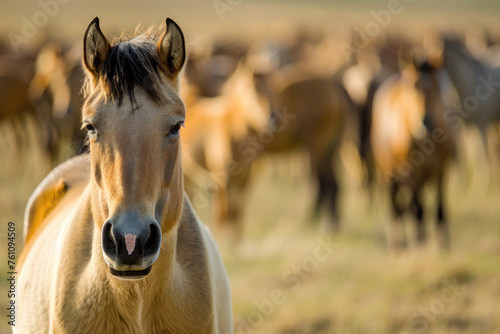 A portrait of a short-legged Przewalski's horse in a natural setting
