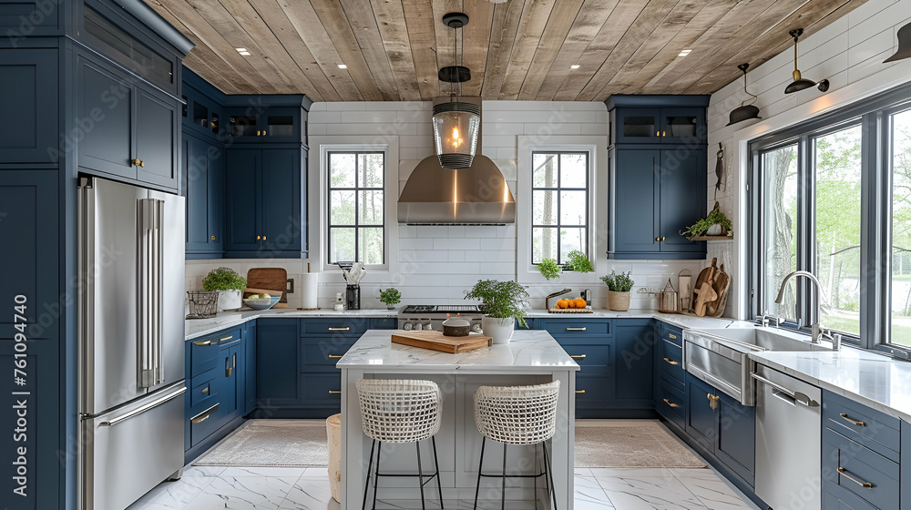 Navy blue Kitchen cabinets - stainless steel appliances - marble ...