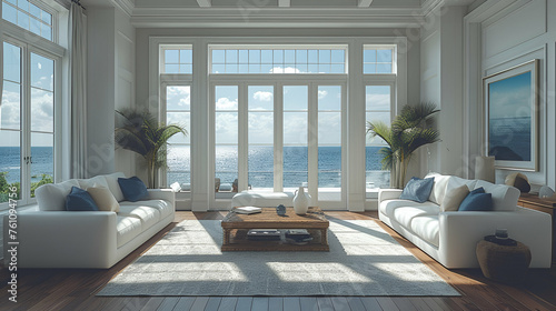 Beach house living room - white furniture - light blue and brown accents - water themed artwork - meticulous symmetry - perfectly centered composition - ocean - vacation home - getaway - holiday 