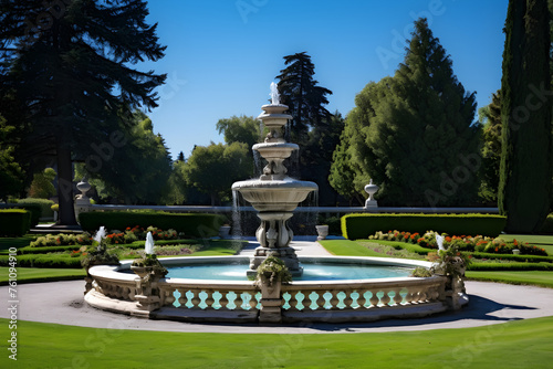 Regal Public Park Fountain with Exquisite Masonry work under Clear Blue Sky