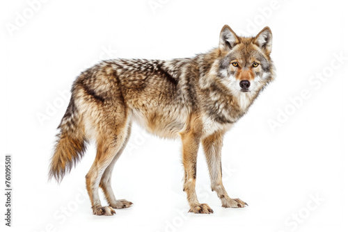 A portrait of a Tian Shan wolf in a studio setting, isolated on a white background